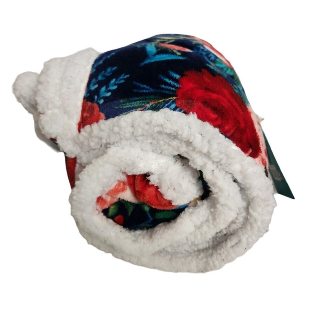 Pioneer Woman Holiday Floral Velvet Plush Throw Navy Reversible Sherpa - Picture 4 of 4